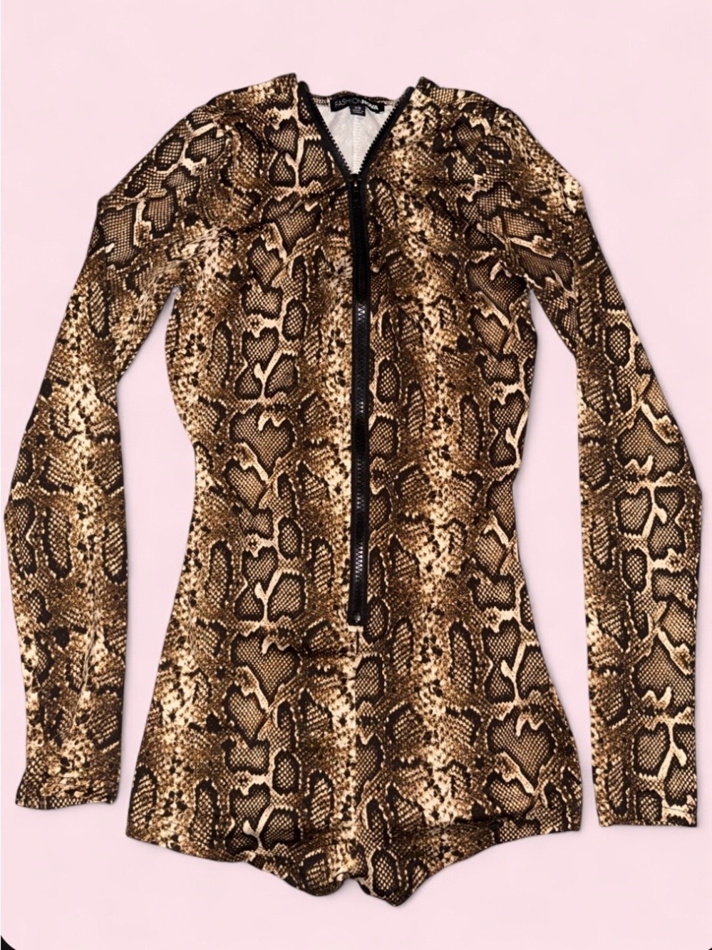 Fashion Nova Snake Print Long Sleeve Bodycon Romper - Size XS